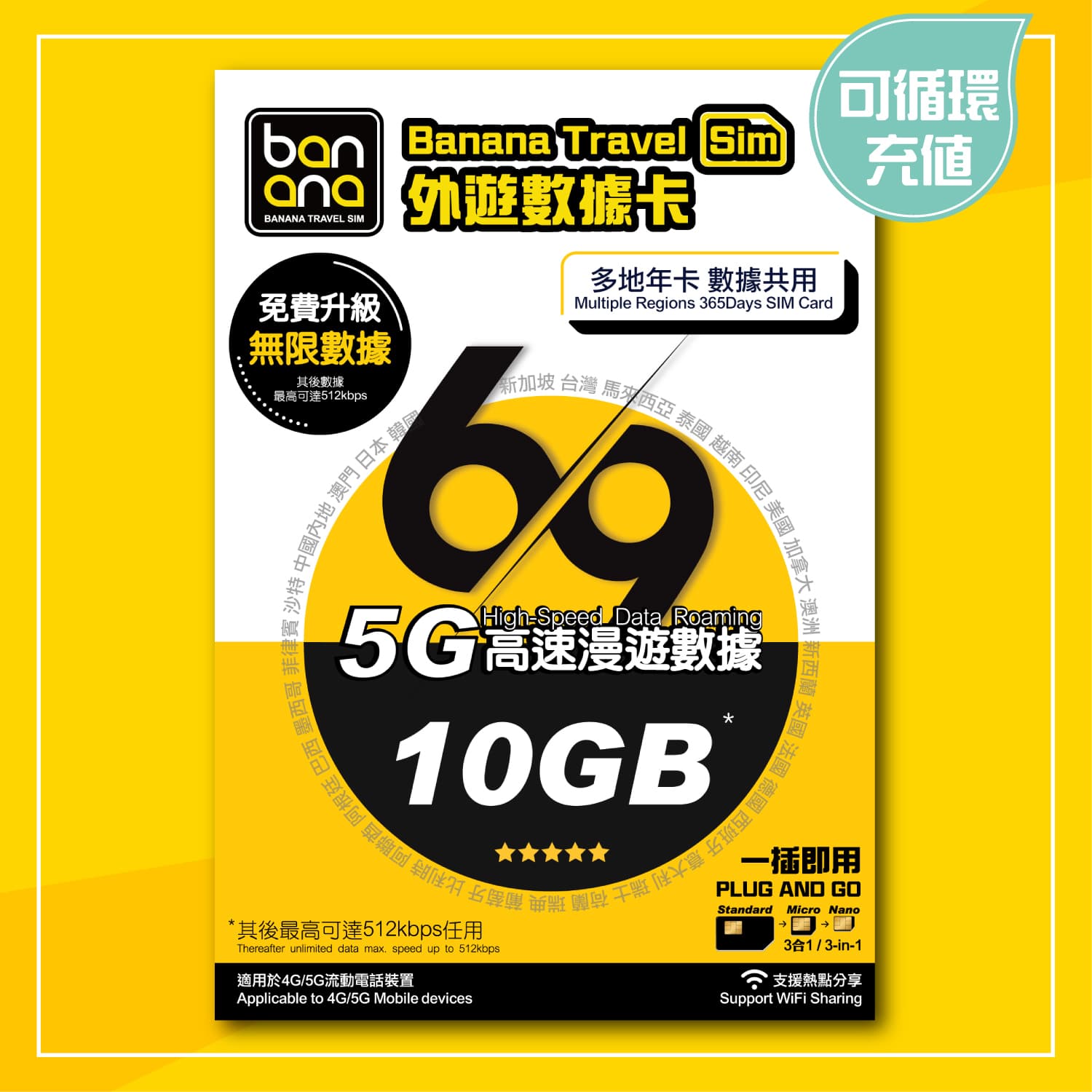 69 Areas 365Days 5G 10GB High-speed Roaming Data SIM Card - Image 1