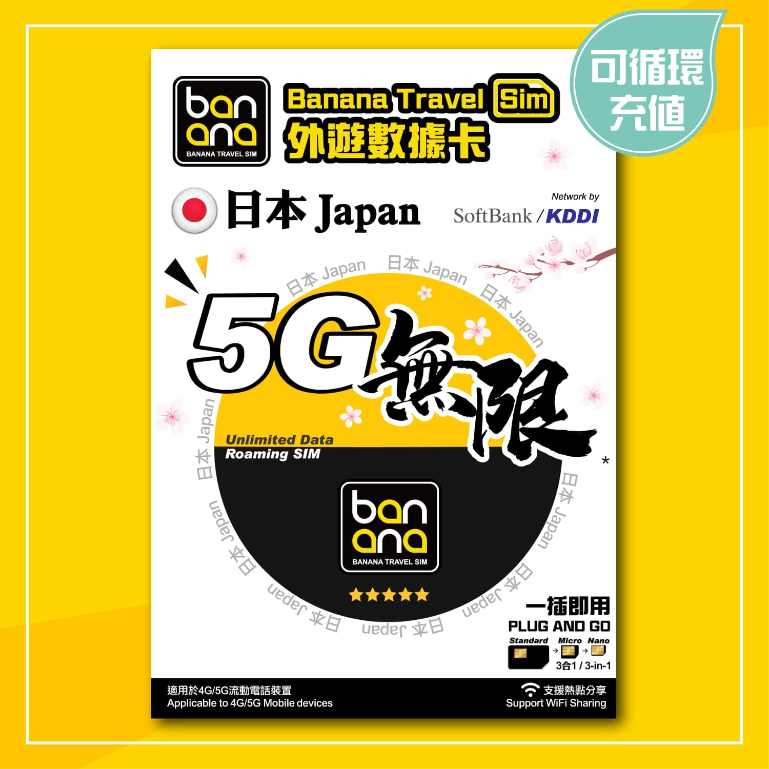 Japan(Softbank / KDDI) 5G Unlimited Data Roaming SIM Card - Image 1